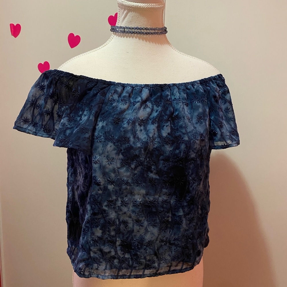 00s Y2K Style Tie Dye Floral Embroidered Off Shoulder Top